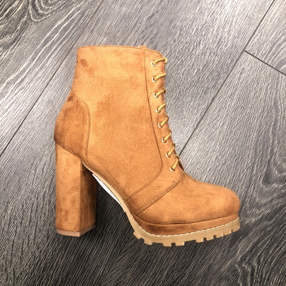 Tan Lace Up Platform Bootie Block Heel - Picture 3 of 5
